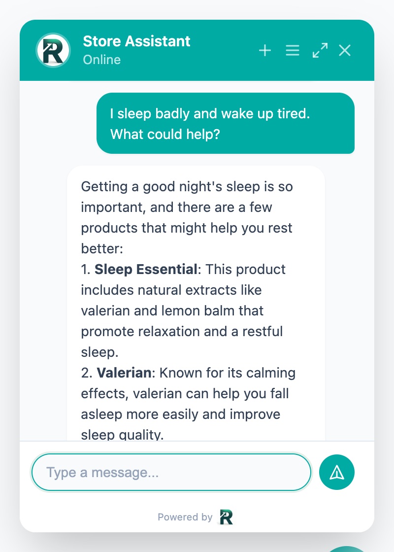 Relio recommending products from a store catalog inside the chat