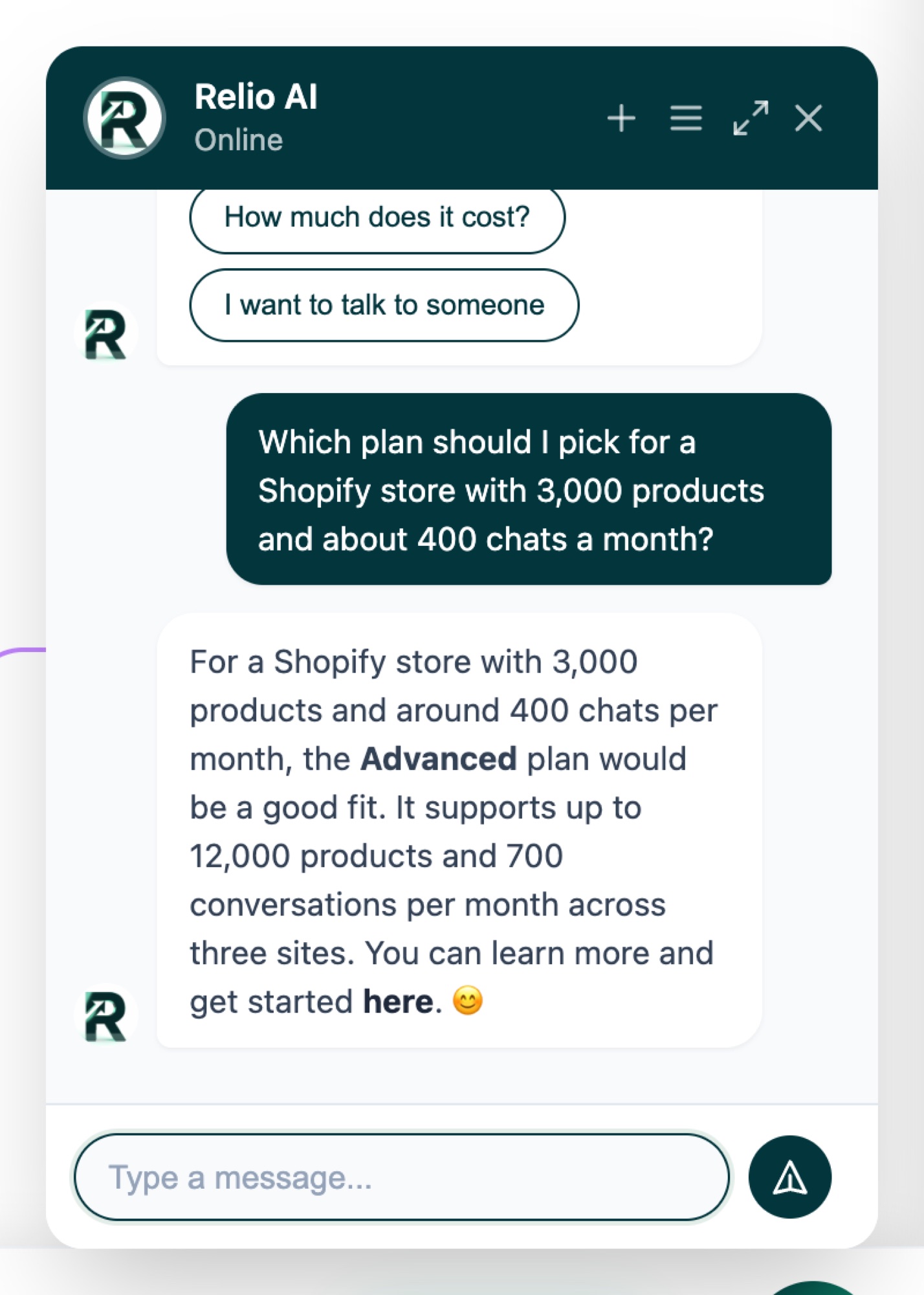 Relio chat widget answering a pricing question on relio.chat