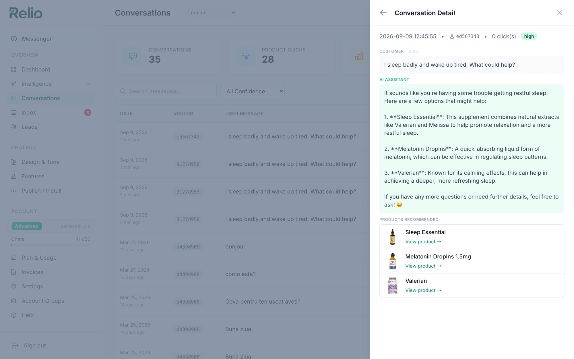 A single conversation transcript in Relio