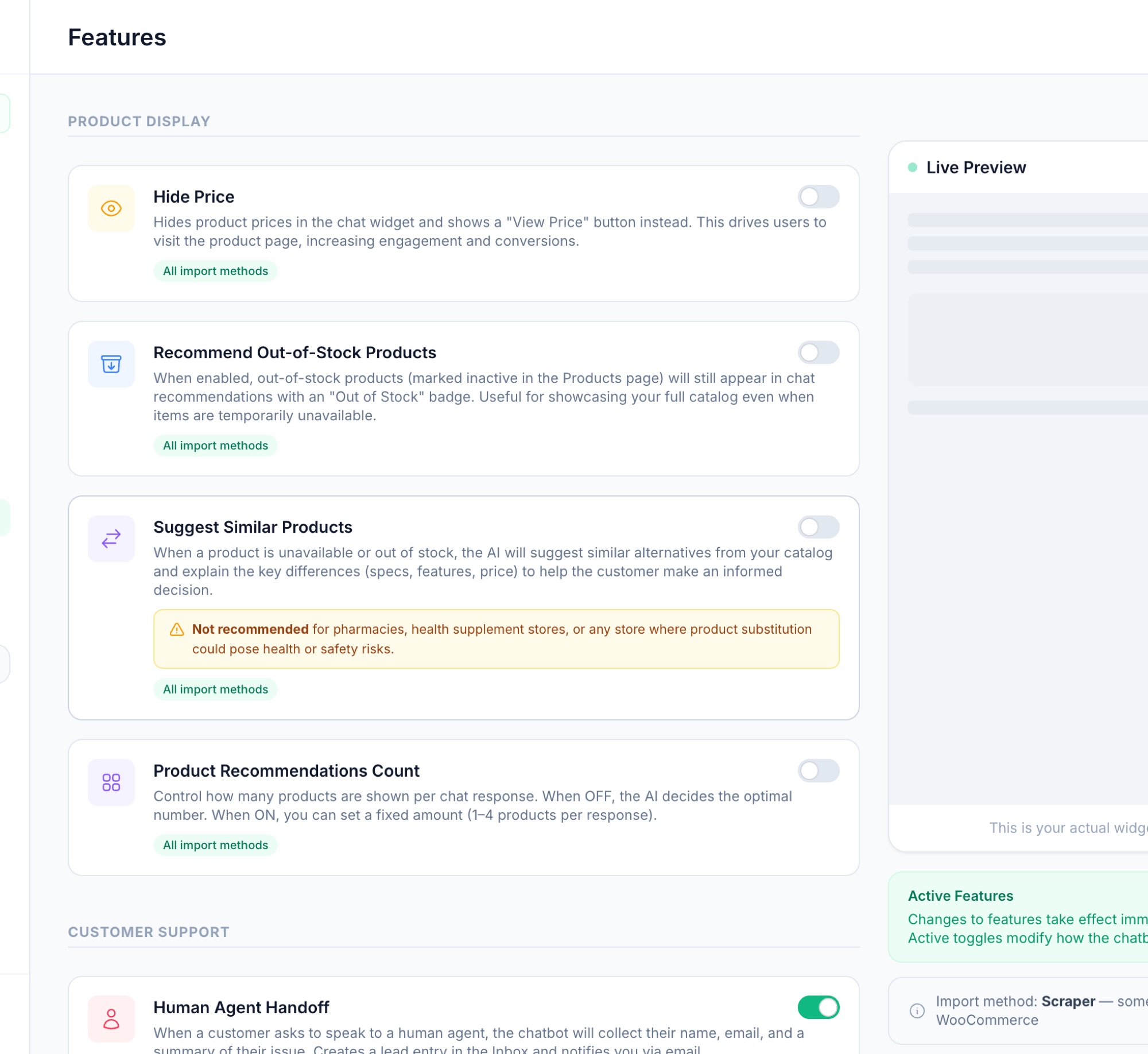 Relio chatbot feature toggles