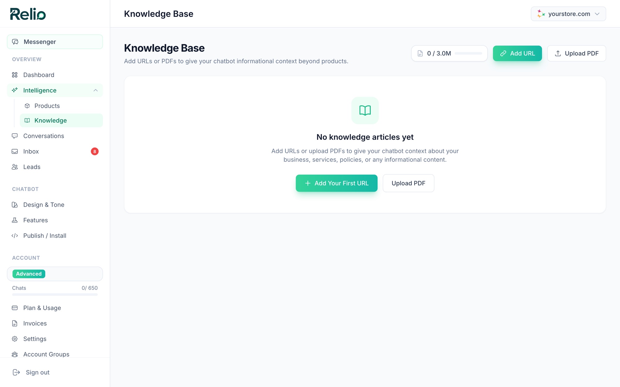 Relio knowledge base with URLs and PDFs