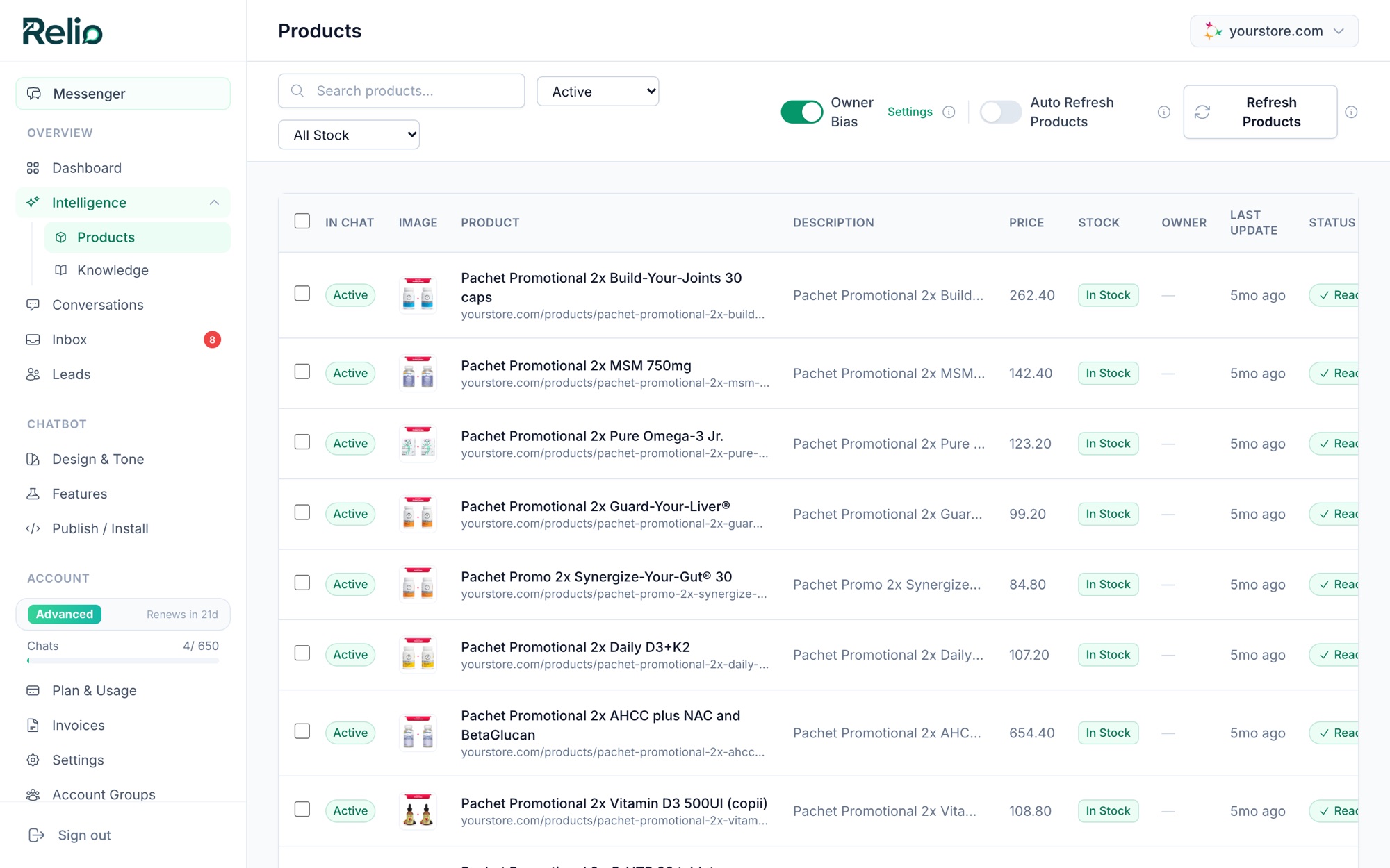 Relio products page with Owner Bias controls
