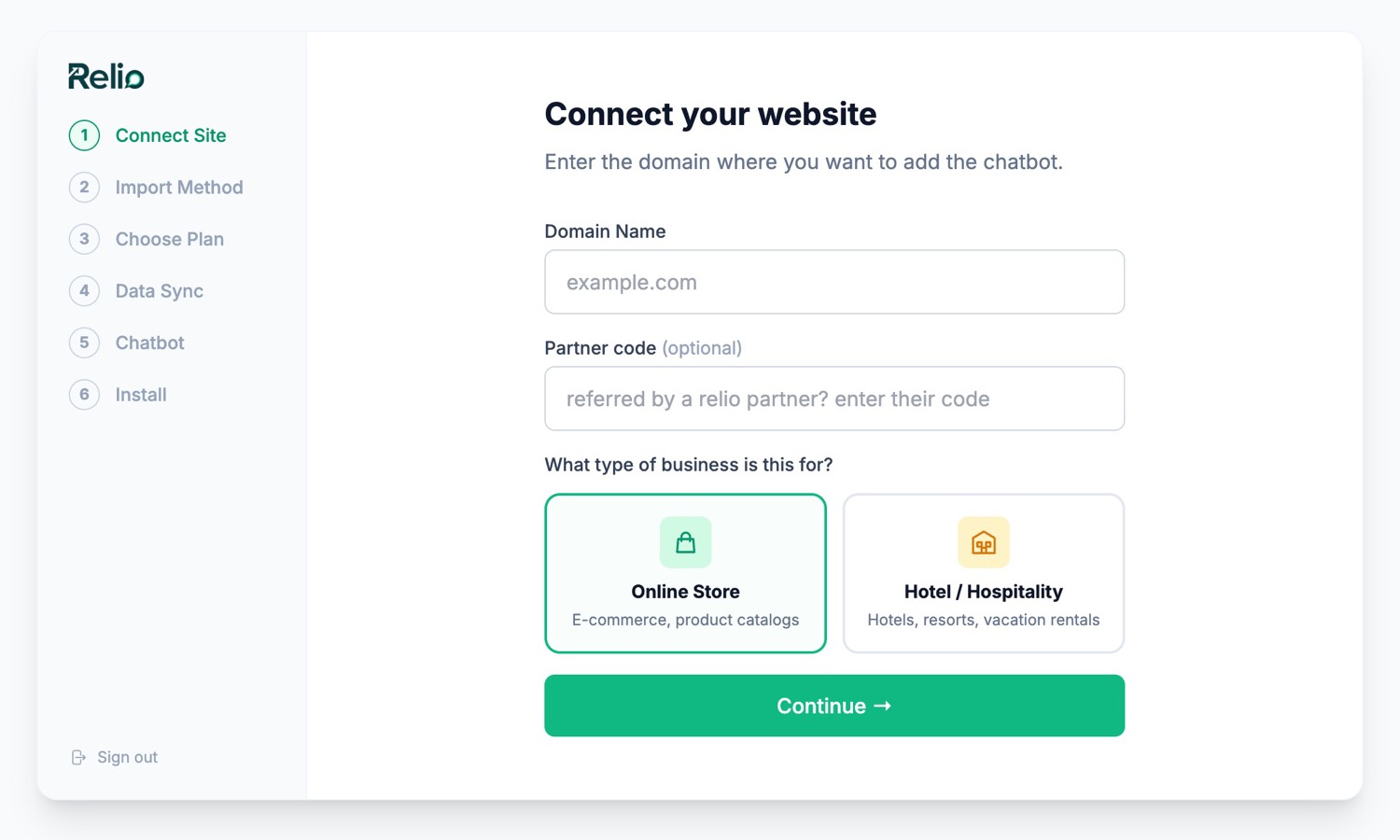 Relio setup wizard connecting a Shopify store